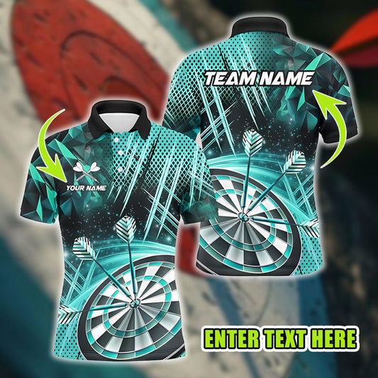 Custom Dart Polo Shirt, Green Geometric Dartboard Design, Personalized Name & Team Shirt, 3D Over Print Style, Gift for Darts Players.