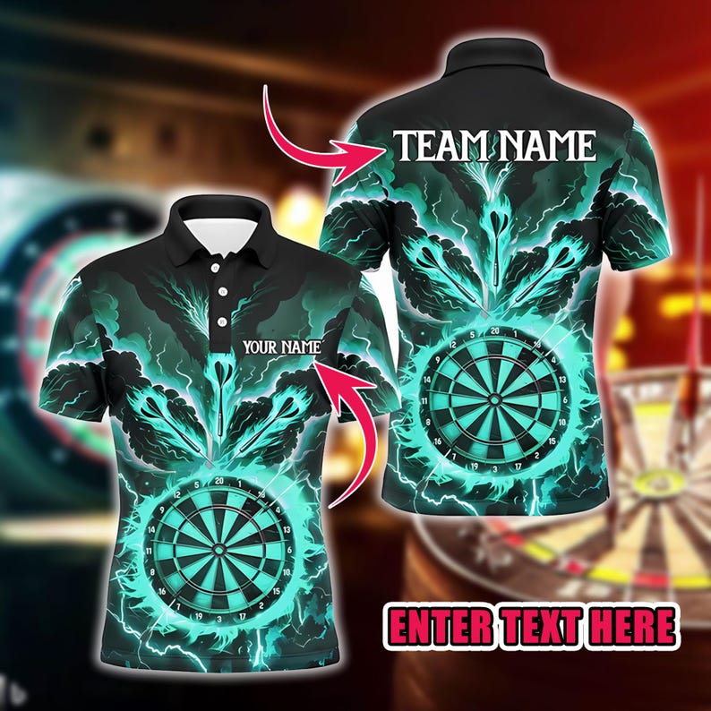 Personalized Dart Polo Shirt, Lightning Dartboard Design, Custom Name & Team Shirt, 3D Over Print Design, Gift for Darts Players.