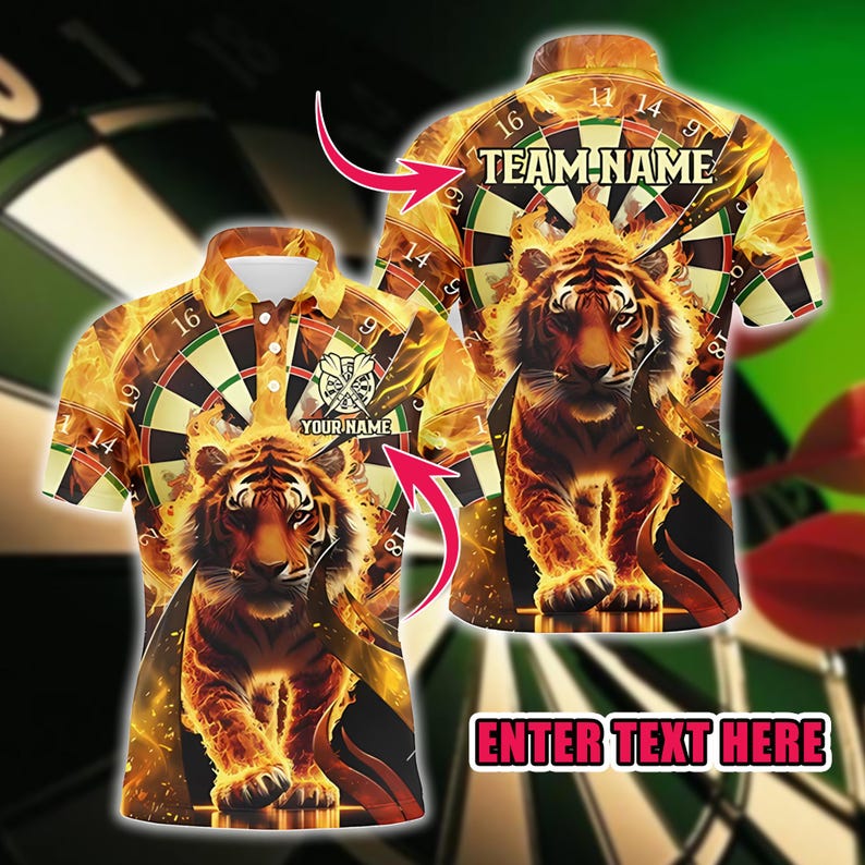 Darts Graphic Men Polo Shirt, Tiger Dartboard Design, Custom Name Team Uniforms, 3D Printed Short Sleeve Button Polo, Gift for Players.