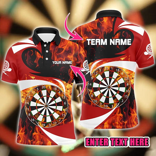 Dart Polo Shirt, Custom Name & Team Flame Dartboard Design, 3D Overprint Darts Shirt, Gift for Dart Players And Teams.