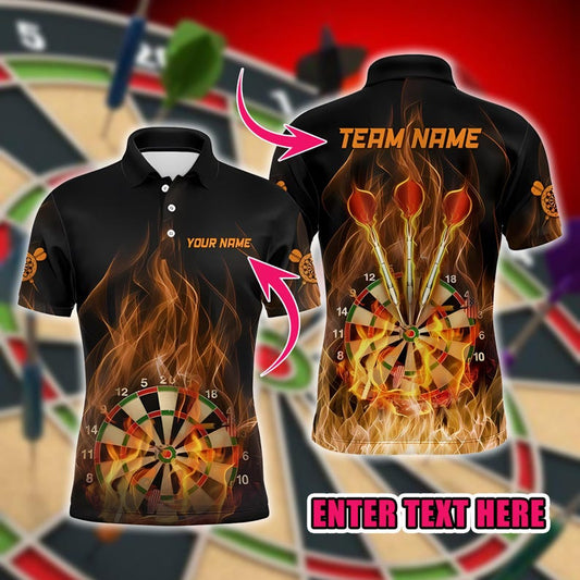 Dart Polo Shirt, Custom Name & Team Burning Flame Dartboard Design, 3D Overprint Darts Shirt, Gift for Dart Players And Teams.