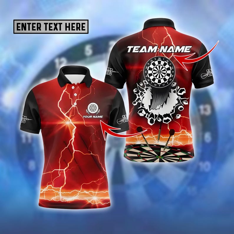 Custom Dart Team Polo, Polo Shirt with Bold Dartboard & Lightning Design, Shirt For Men Or Dart Teams, Uniforms Short Sleeve Polo Shirts.