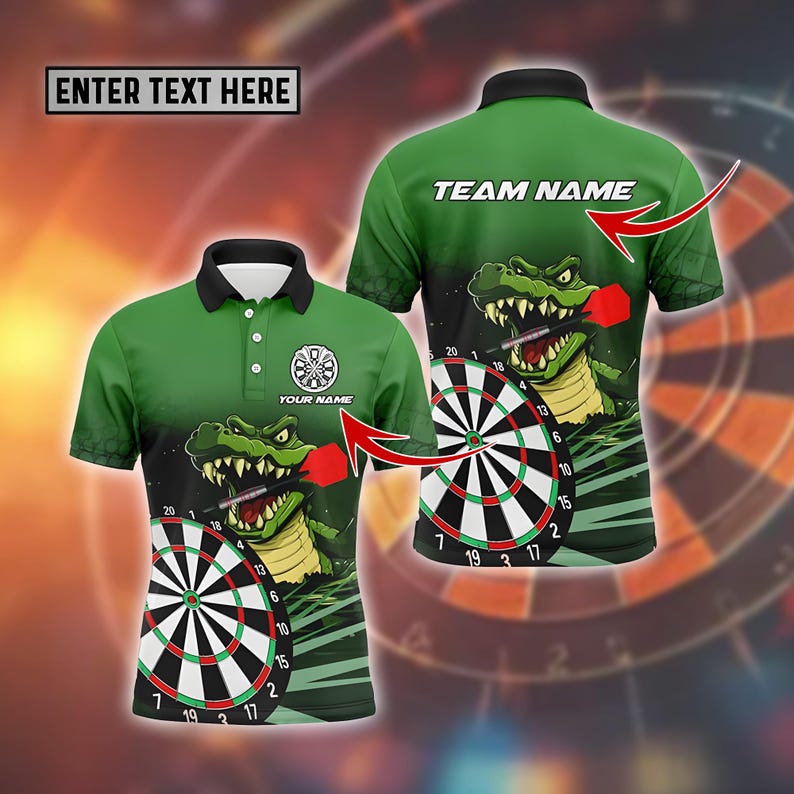 Custom Dart Team Jersey, Custom Polo Shirt with Fierce Croc, Dartboard, and Bold Style for Strength, Precision & Team Spirit.
