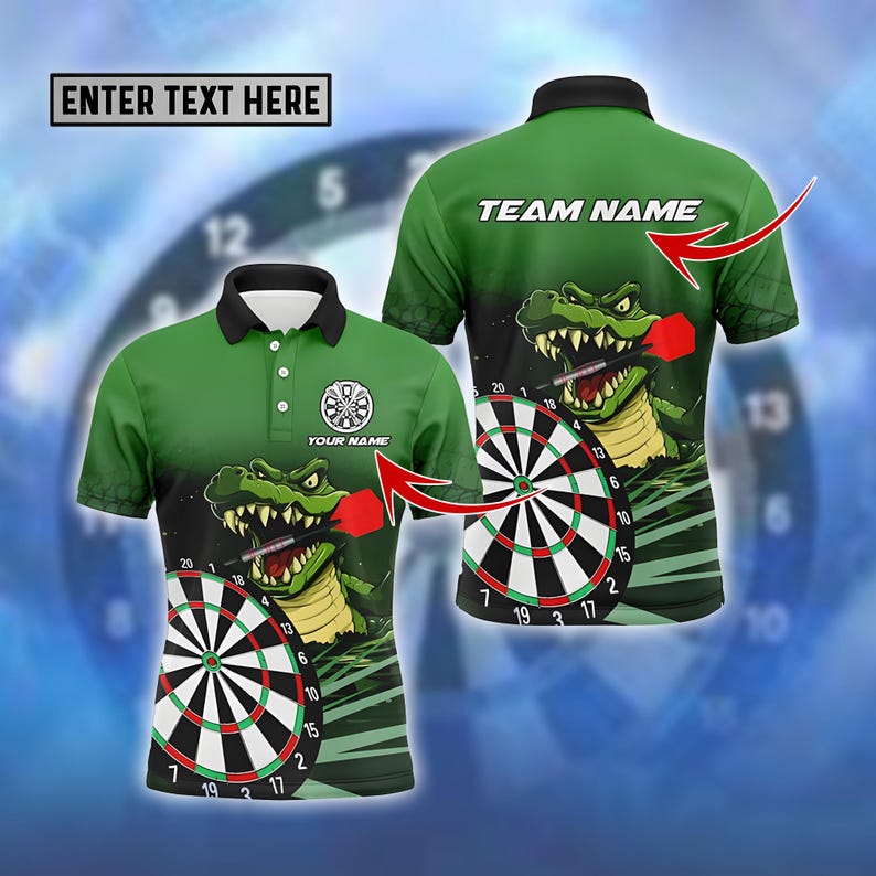 Custom Dart Team Jersey, Custom Polo Shirt with Fierce Croc, Dartboard, and Bold Style for Strength, Precision & Team Spirit.