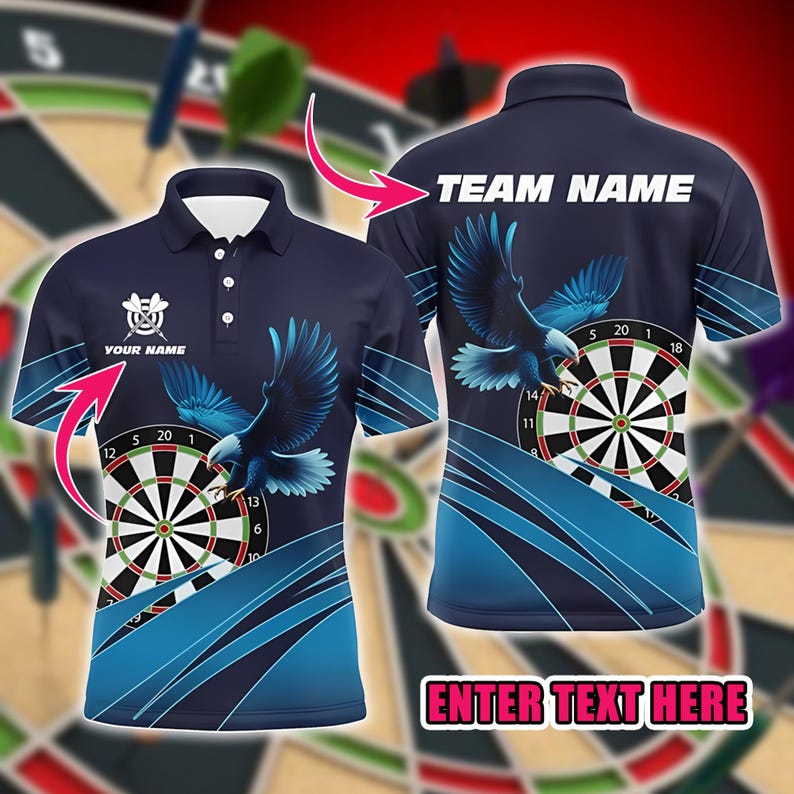 Custom Dart Polo Shirt with Eagle & Dartboard Design, Personalized Team Name and Player Name, Darts Jersey for Fans, Players, Couples.