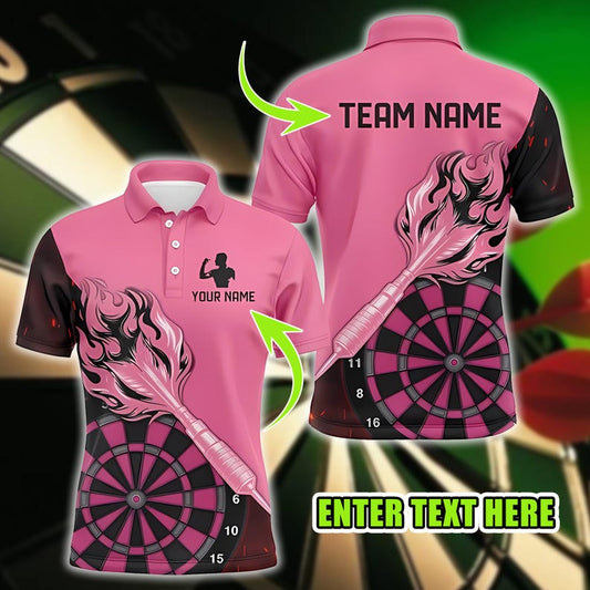 3D Printed Flaming Dart Polo Shirt for Men, Customized Team & Player Name, Casual T-Shirt, Fun Darts Jersey for Fans and Players.