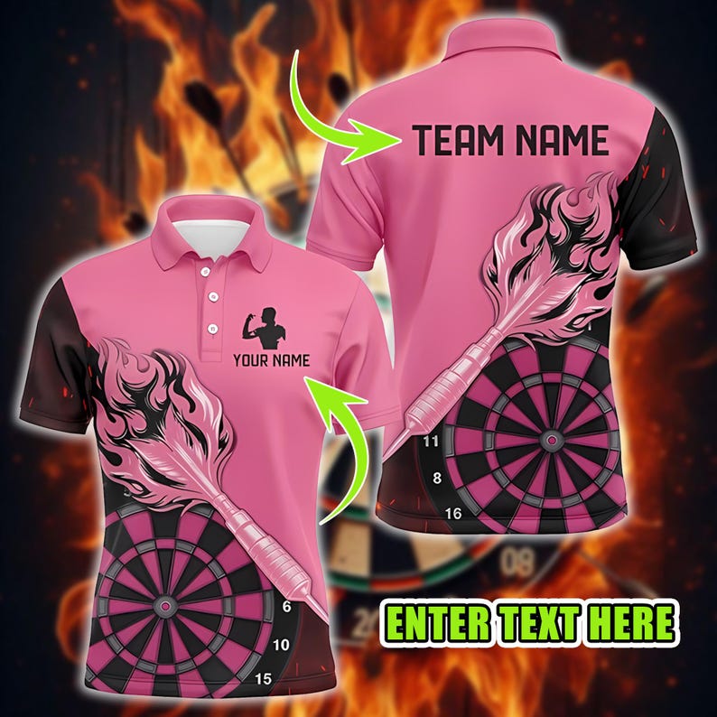 3D Printed Flaming Dart Polo Shirt for Men, Customized Team & Player Name, Casual T-Shirt, Fun Darts Jersey for Fans and Players.