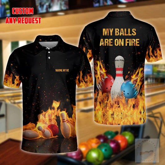 Personalized Fire Bowling Polo Shirt, Custom Name Bowling Team Short Sleeve Shirt, Bowling League Uniform