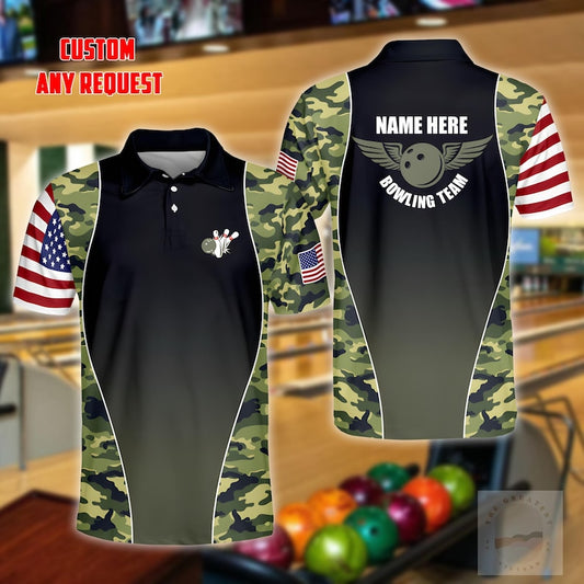 Custom Bowling Polo Shirt, Personalized US Camo Bowling Polo for Men, Bowling Team Uniform, Gift for Bowlers