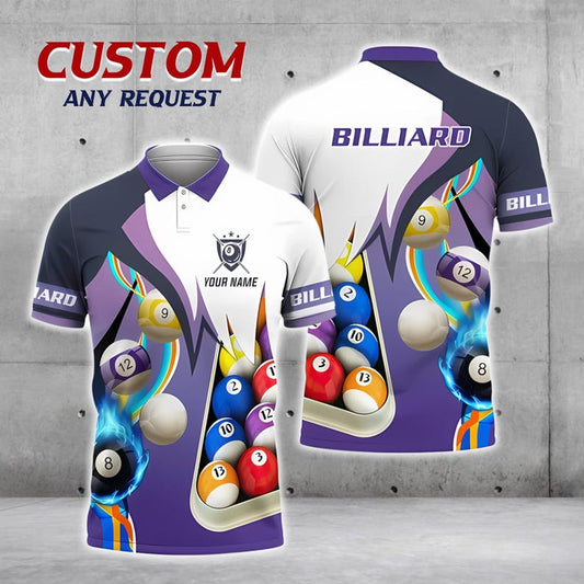 Custom 8 Ball Pool Polo Shirt, Custom Name Billiards Team Jersey, Fire Pattern Sportswear, Classic Pool Jersey for Men and Women.