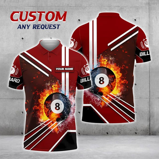 Custom 8 Ball Pool Polo Shirt, Custom Name Billiards Team Jersey, Fire Pattern Sportswear, Classic Pool Jersey for Men and Women.
