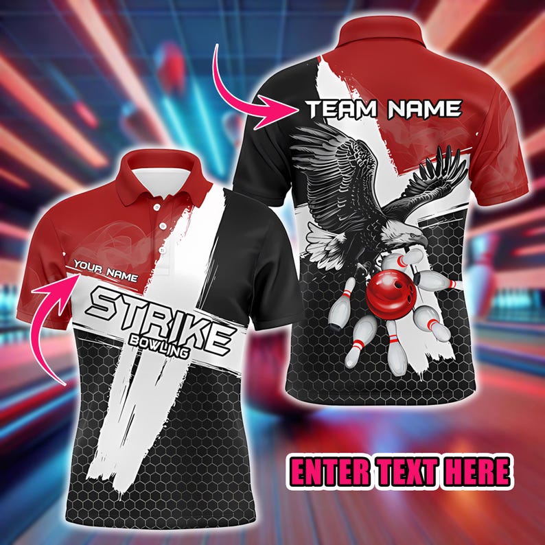 Custom Bowling Polo Shirt, Name And Team Shirt with Eagle Strike Design, Retro Bowling Squad Outfit, Gift For Bowler, Bowling Lovers Shirt.