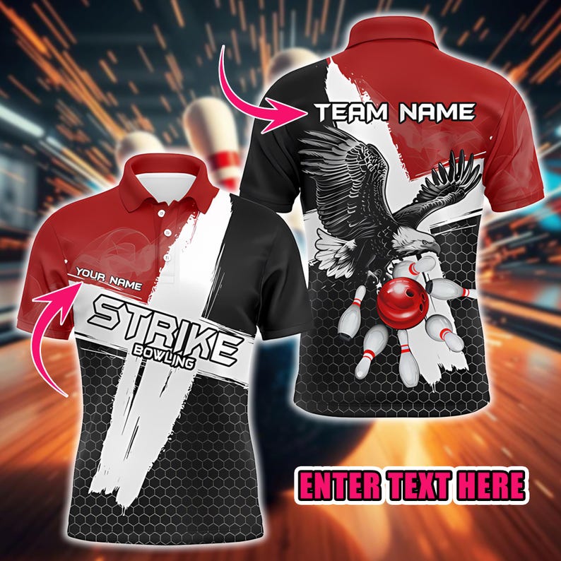 Custom Bowling Polo Shirt, Name And Team Shirt with Eagle Strike Design, Retro Bowling Squad Outfit, Gift For Bowler, Bowling Lovers Shirt.