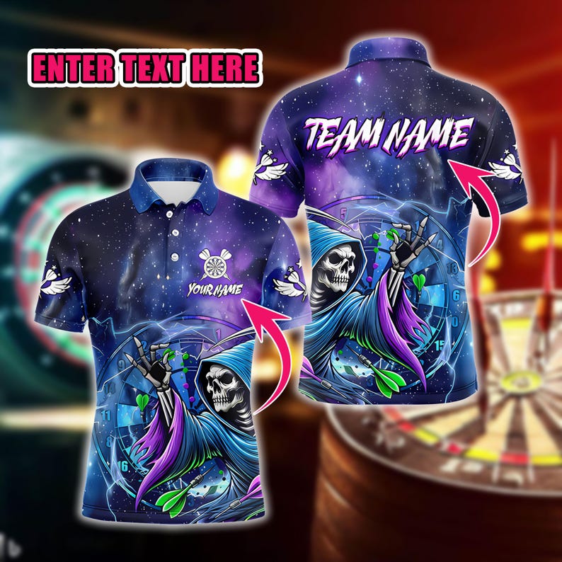 Custom Darts Polo Shirt, Grim Reaper Galaxy Design, Personalized Team & Name Print, Unique Gift for Dart Players, Clubs And Tournaments.