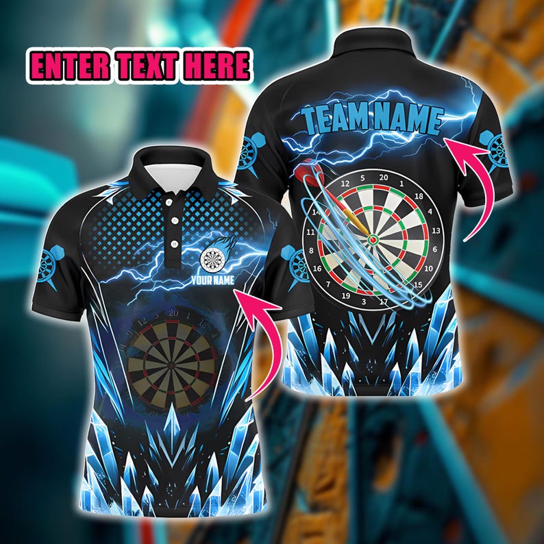 Custom Darts Polo Shirt, Lightning & Ice Design, Unique Team Uniform with Personalized Name Print, Perfect Gift for Dart Players, Clubs.
