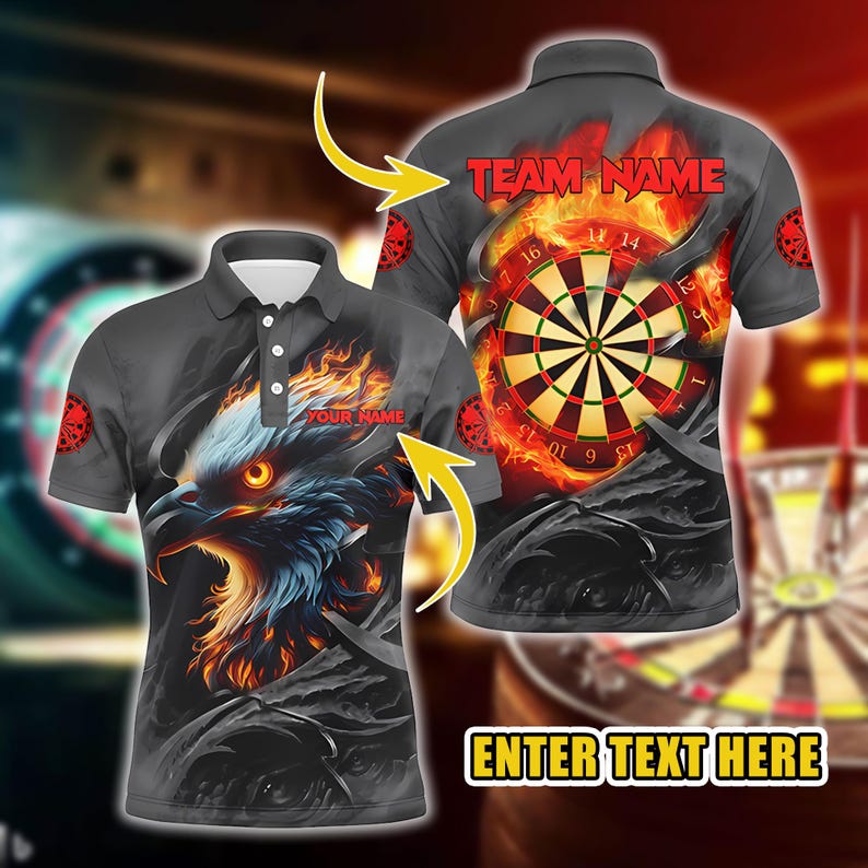 Custom Darts Polo Shirt, Unique Fiery Eagle & Dartboard Design, Personalized Team And Name Print, Perfect Gift for Dart Players, Clubs.
