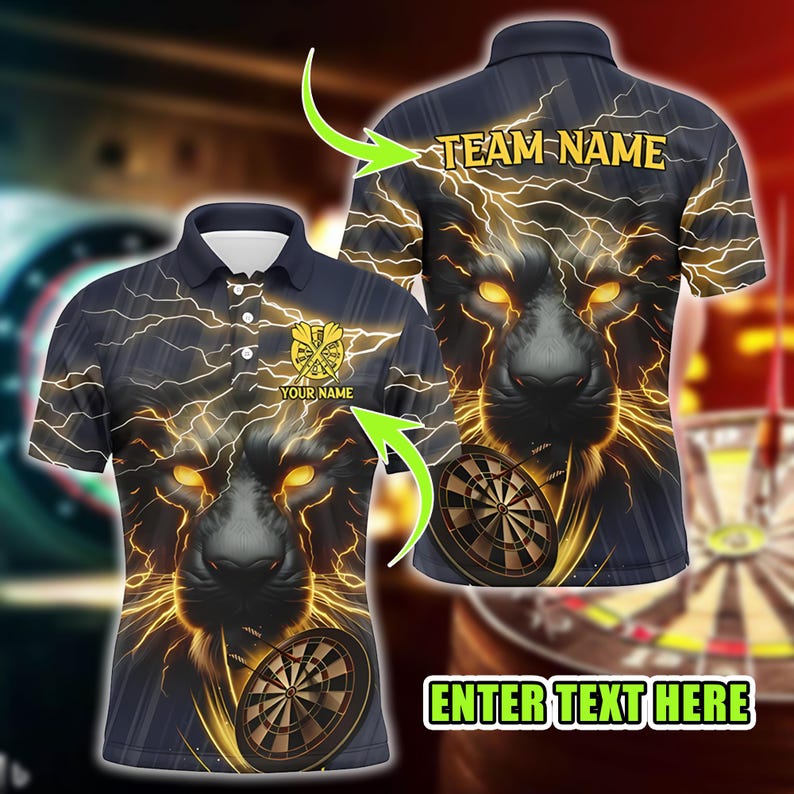 Custom Polo Shirt, 3D Personalized Lion Darts Pattern Custom Polo Shirt for Men, Darts Team Jerseys, Gifts for Darts Lovers.