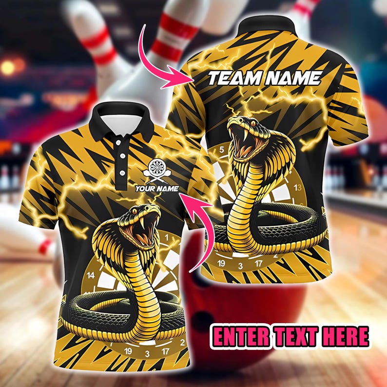 Custom Darts Polo Shirt with Cobra Snake Lightning Design, Personalized Team Name & Player Name Jersey, Unique Gift for Dart Players