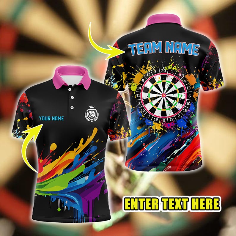Custom Darts Polo Shirt with Colorful Paint Splash Dartboard Design, Personalized Team Name & Player Name Jersey, Unique Gift.