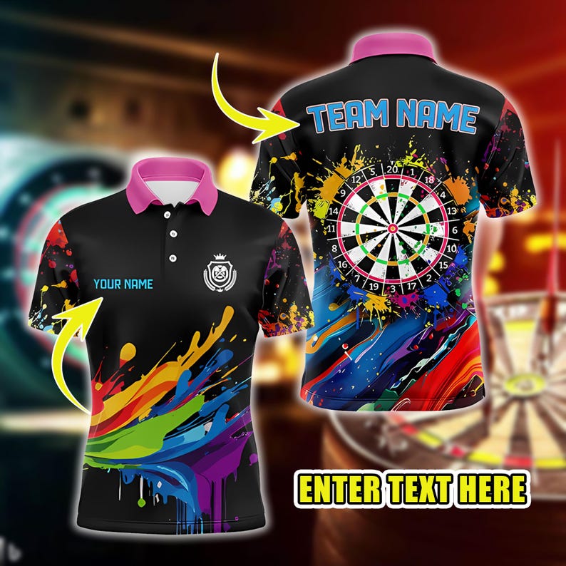 Custom Darts Polo Shirt with Colorful Paint Splash Dartboard Design, Personalized Team Name & Player Name Jersey, Unique Gift.