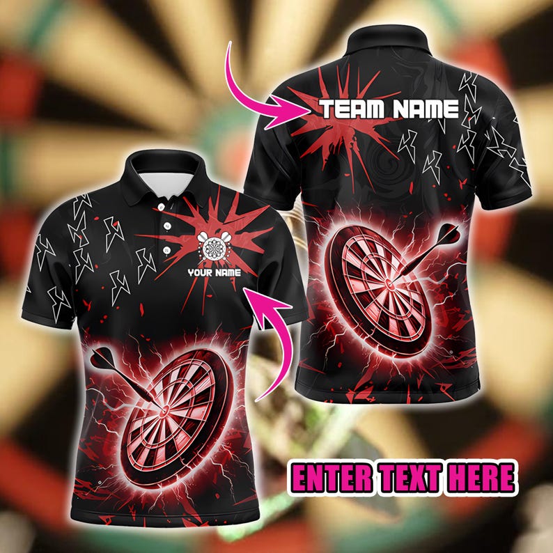 Personalized Name Dart Polo Shirt, Dartboard Explosion Design, Custom Team Shirt for Men, Gift for Darts Players.