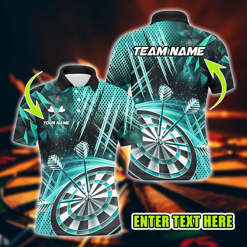 Custom Dart Polo Shirt, Green Geometric Dartboard Design, Personalized Name & Team Shirt, 3D Over Print Style, Gift for Darts Players.