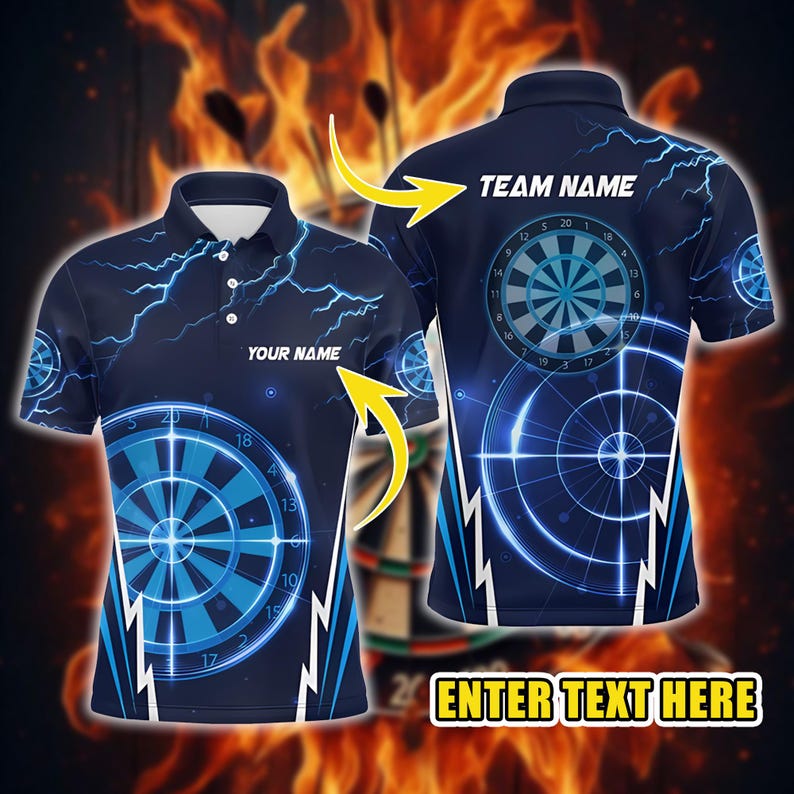 Custom Dart Polo Shirt, Personalized Name & Team Lightning Dartboard Design, 3D Overprint Darts Shirt, Gift for Dart Players And Teams.
