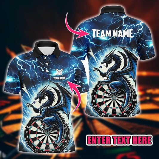 Personalized Dart Polo Shirt, Custom Name & Team Dragon Design, 3D Overprint Dartboard Shirt, Gift for Dart Players And Teams.