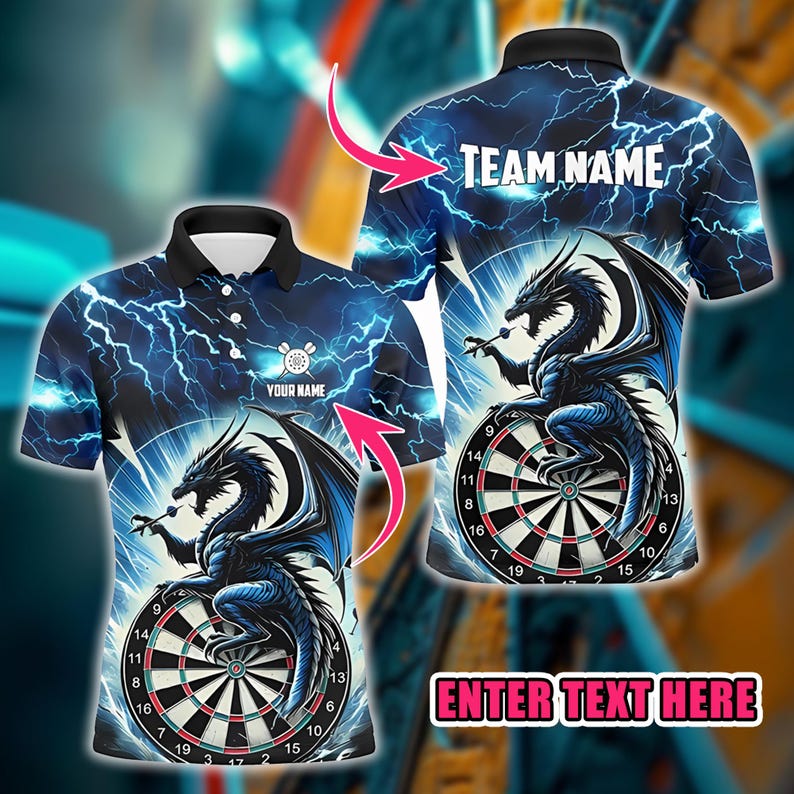 Personalized Dart Polo Shirt, Custom Name & Team Dragon Design, 3D Overprint Dartboard Shirt, Gift for Dart Players And Teams.