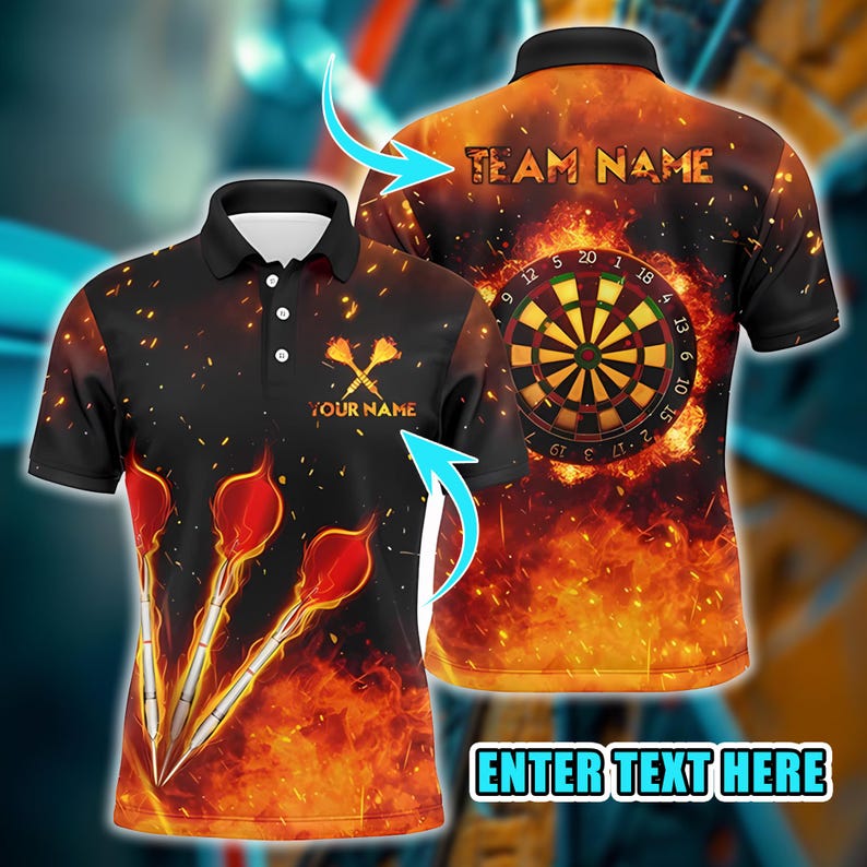 Dart Polo Shirt, Custom Name & Team Fire Flame Dartboard Design, 3D Overprint Darts Shirt, Gift for Dart Players.