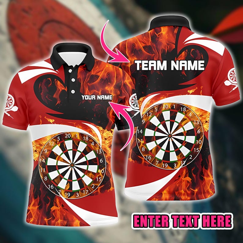 Dart Polo Shirt, Custom Name & Team Flame Dartboard Design, 3D Overprint Darts Shirt, Gift for Dart Players And Teams.