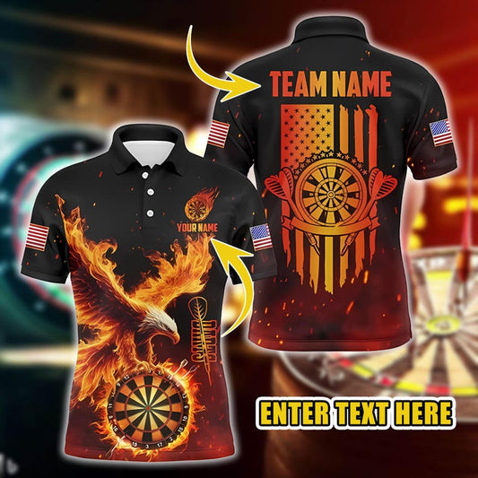 Dart Polo Shirt, Custom Name & Team American Flag Eagle Fire Design, 3D Overprint Dartboard Shirt, Gift for Dart Players And Teams.