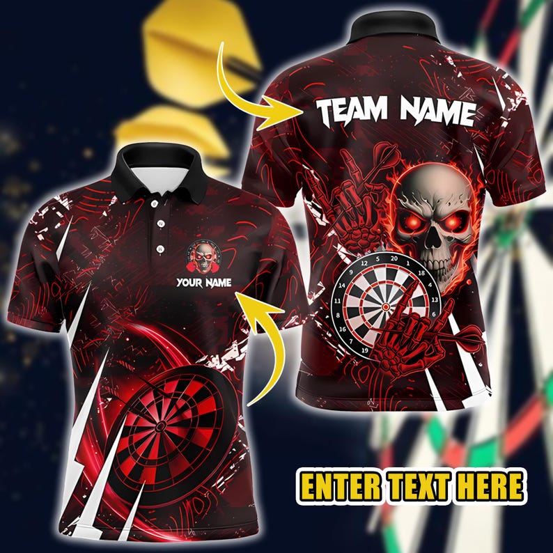 Custom Dart Polo Shirt with Skull Design, Personalized Team Name & Player Name, Cool Darts Jersey for Men And Women.