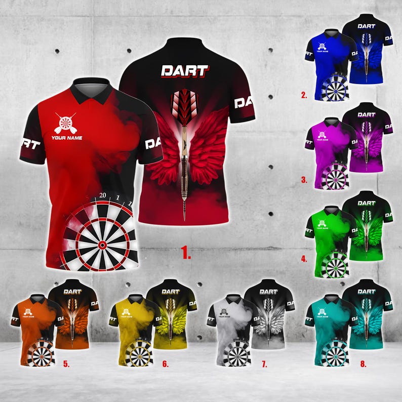 Custom Dart Polo Shirt with Red Smoke & Bullseye Design, Personalized Team Name Player Name, Darts Jersey for Fans, Players, Game Day.