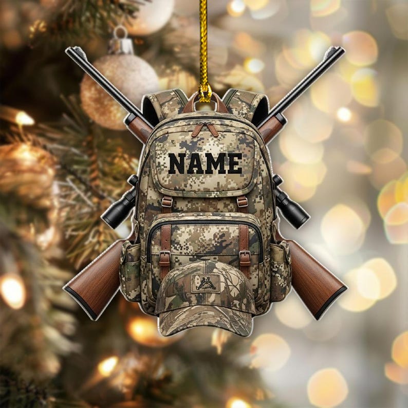 Personalized Hunter Backpack Ornament, Custom Name Hunting Gift, Camo Rifle Christmas Décor, Deer Hunter Keepsake, Xmas Tree Ornament