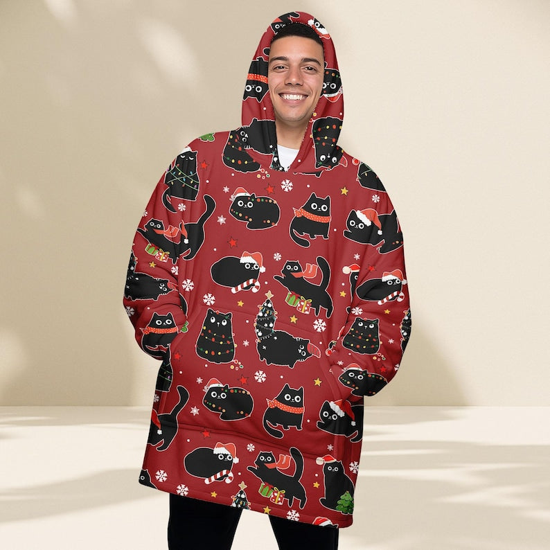 Black Cat Christmas Blanket Hoodie