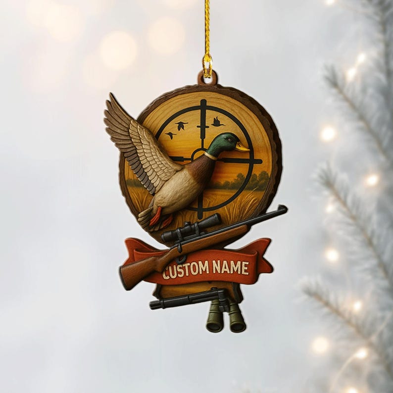 Personalized Duck Hunting Ornament – Custom Name Acrylic Gift with Scope & Rifle – Christmas Tree Decor for Hunters And Outdoorsmen