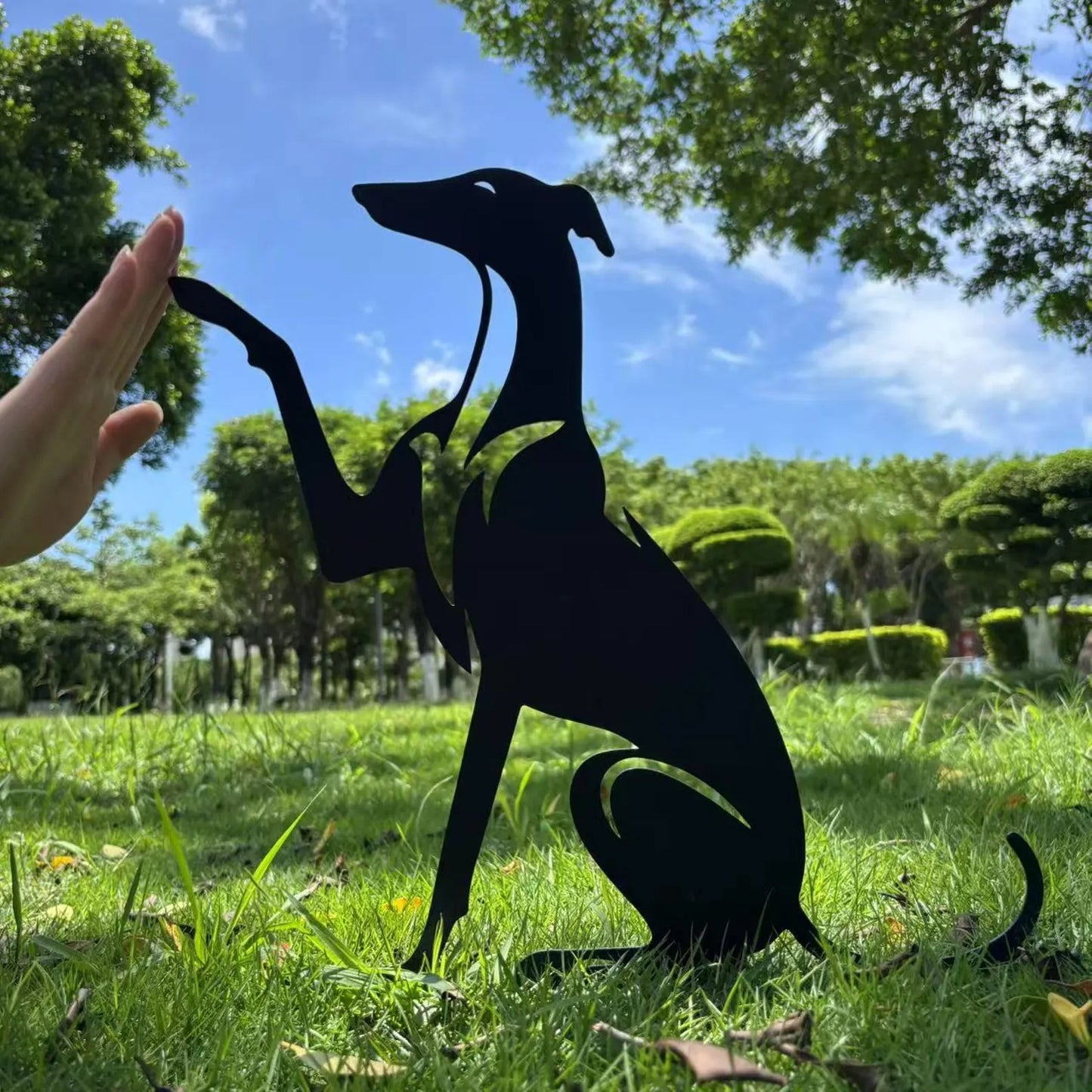 Greyhound high fives, Greyhound yard art, Greyhound metal stakes