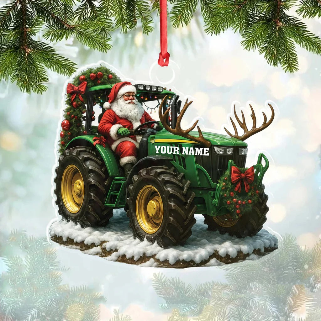 Custom Name Santa Tractor Ornament, Farmer Christmas Tree Decor, Personalized Farm Gift