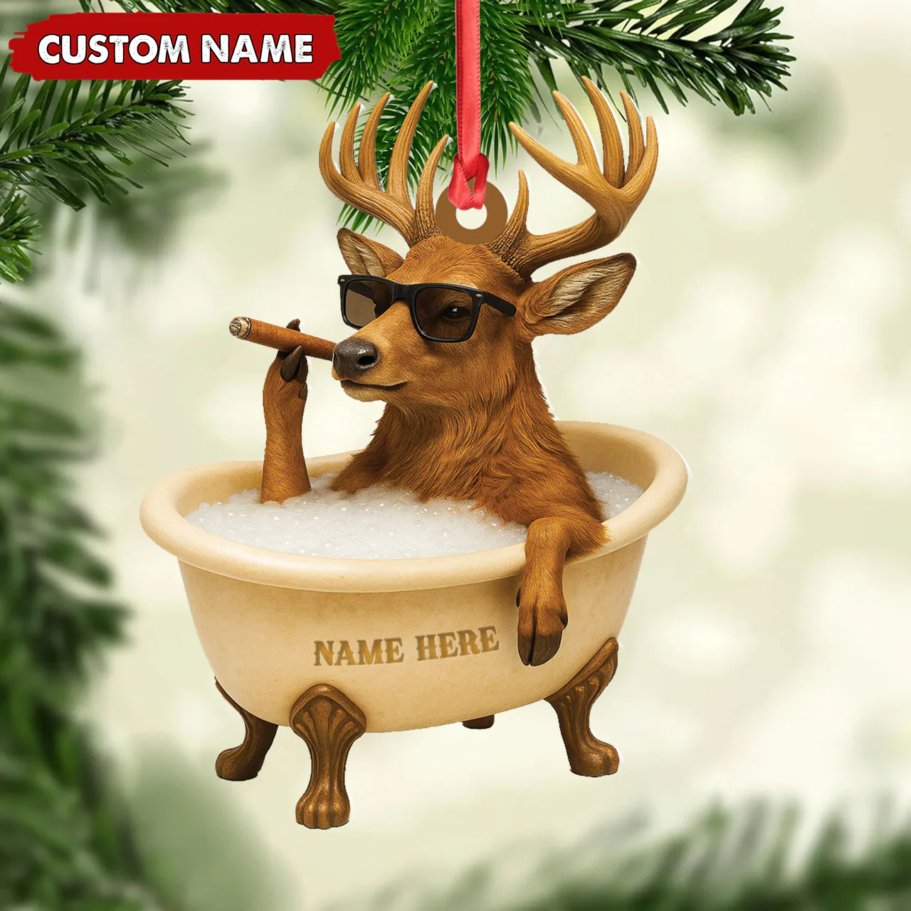 Personalized Funny Deer Bathtub Ornament, Cool Buck Relaxing Christmas Decor, Unique Gag Gift for Hunters and Men