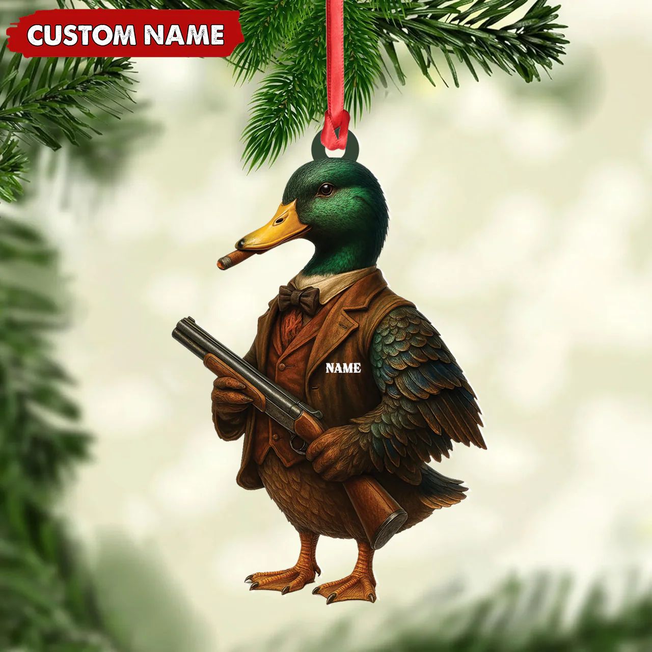 Personalized Funny Duck Hunter Ornament, Dapper Mallard with Gun Christmas Decor, Unique Gag Gift for Hunters and Men