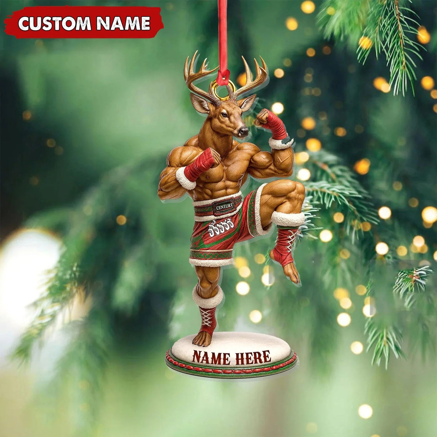Custom Name Muay Thai Deer Ornament, Funny Boxing Deer Christmas Decoration