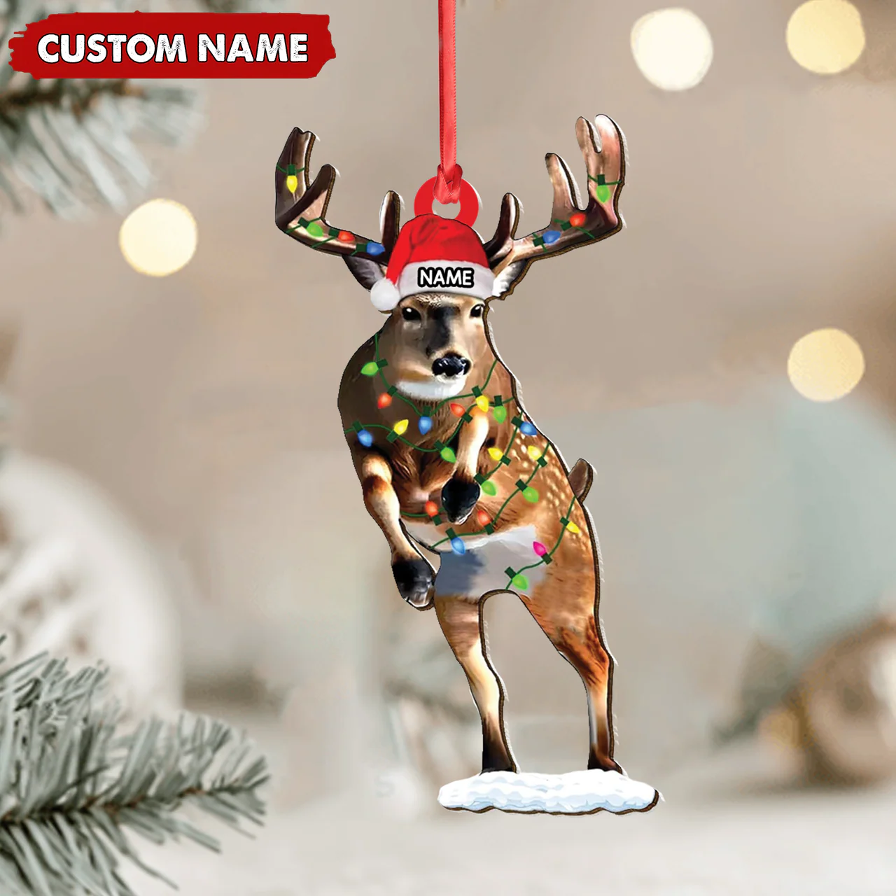 Personalized Deer Acrylic Christmas Ornament - Custom Name Buck with Lights Holiday Gift