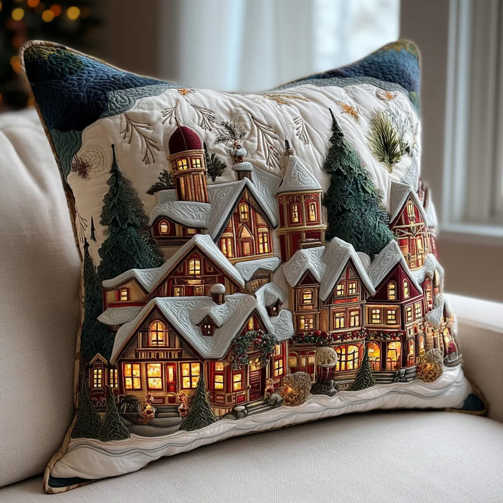 Christmas Village Festive Train Quilted Pillow Case