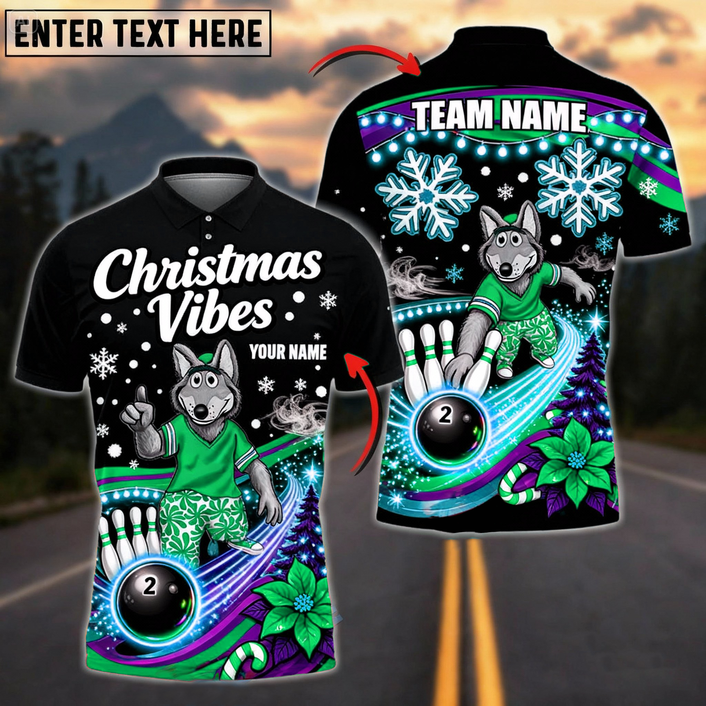 “Christmas Vibes” Wolf Mascot Bowling Polo — Neon Black Edition — Custom Name
