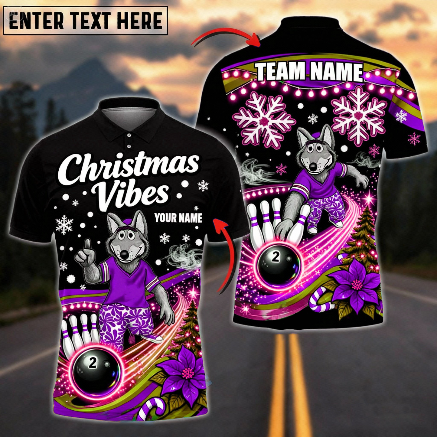“Christmas Vibes” Wolf Mascot Bowling Polo — Neon Black Edition — Custom Name