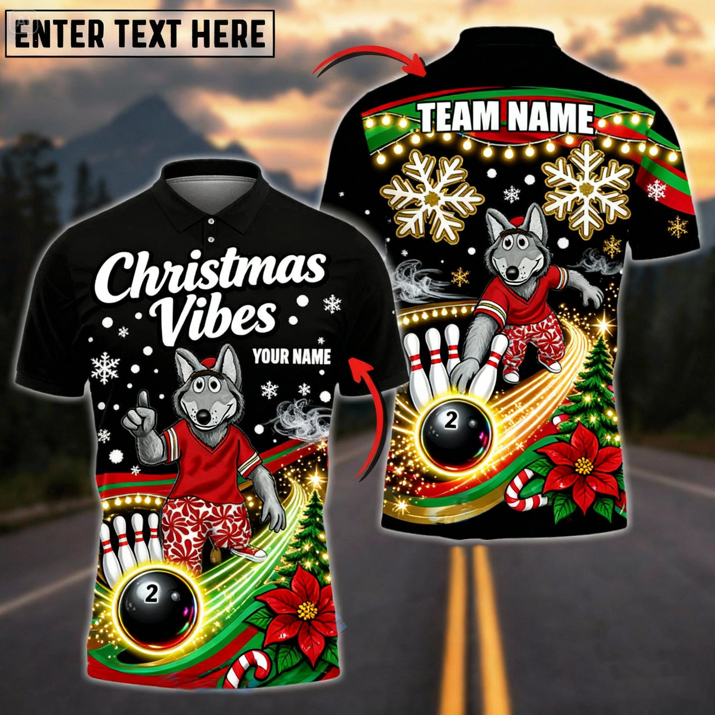 “Christmas Vibes” Wolf Mascot Bowling Polo — Neon Black Edition — Custom Name