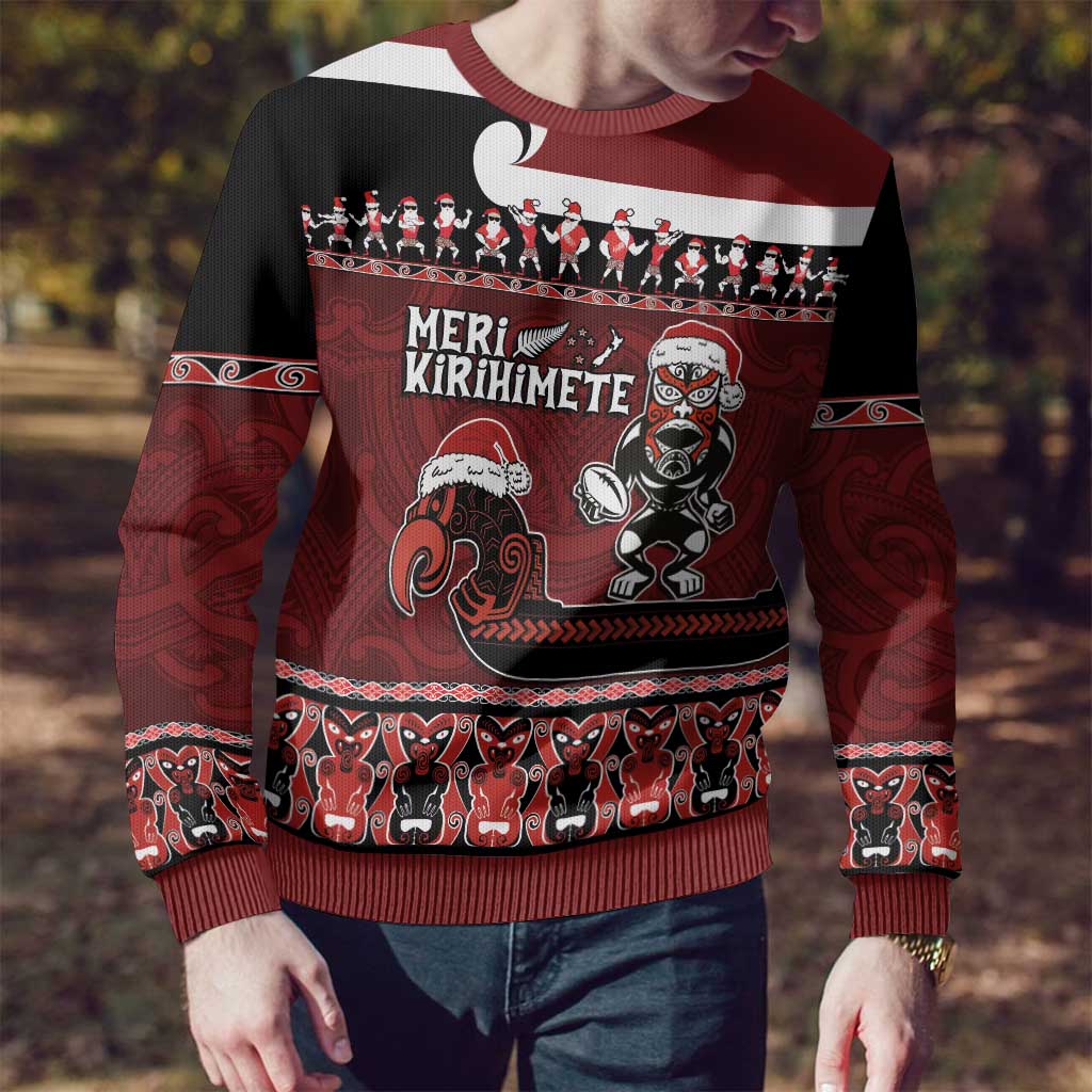 Christmas Ugly Christmas Sweater - Meri Kirihimete Aotearoa Warrior on Waka with Maori Art Tattoo