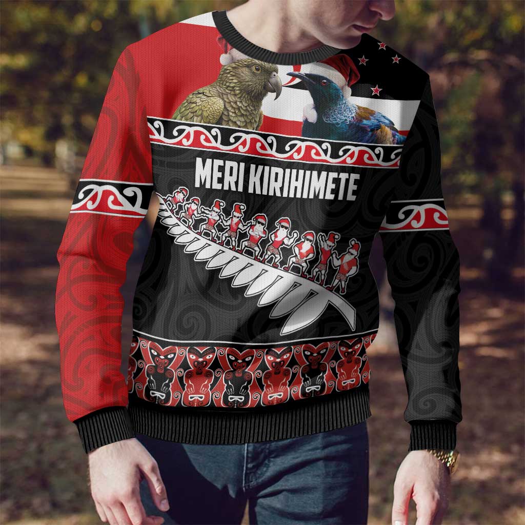 Meri Kirihimete Ugly Christmas Sweater Christmas Tui Bird and Kea Bird - Haka Santa with Maori Koru Art Pattern