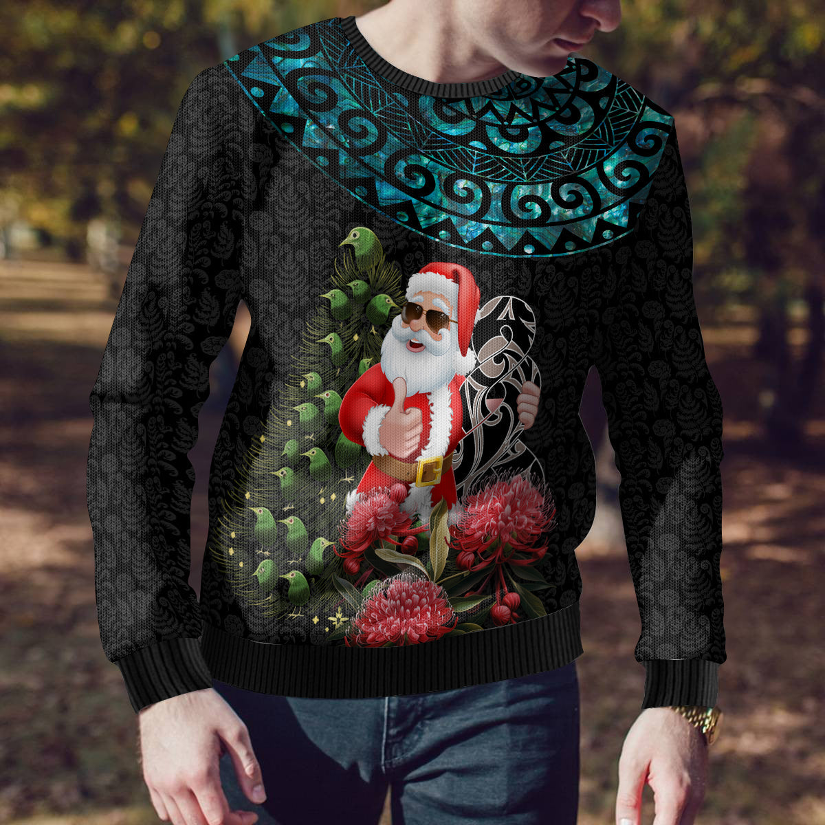 Christmas Ugly Christmas Sweater Maori Santa Pikorua and Pohutukawa Meri Kirihimete